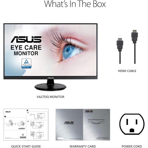 ASUS 27” 1080P Monitor (VA27DQ) - Full HD, IPS, 75Hz, Speakers, Adaptive-sync/FreeSync™, Low Blue Light, Flicker Free, VESA Mountable, Frameless, HDMI, VGA, DisplayPort, Tilt Adjustable, BLACK