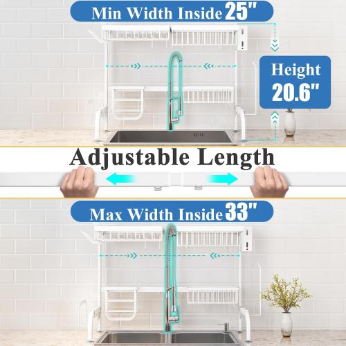 Over The Sink Dish Drying Rack, Adjustable (25.5 to 36.5 inch) 2 Tier Metal Steel Dish Drying Racks for Kitchen Counter with Hooks Paper Towel Utensil Cup Holder Sink Caddy (White)