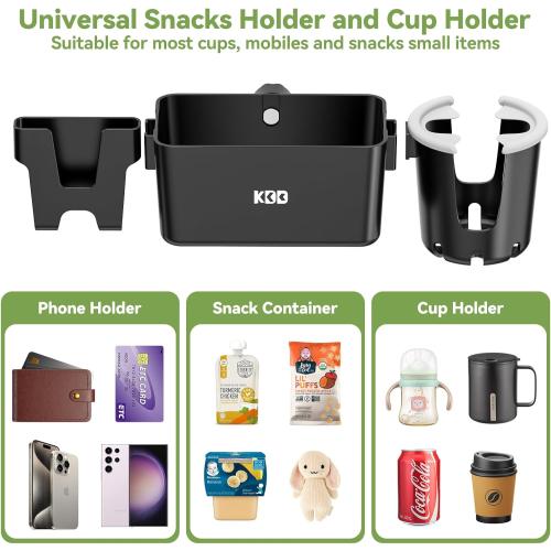 KDD Stroller Cup Holder with Snack Tray, 3-in-1 Universal Stroller Tray with Phone Holder, Removable Drink Holder, 360 Rotation Tray Attachment for Uppababy, Nuna, Wheelchair, Bike, Walker, Scooter