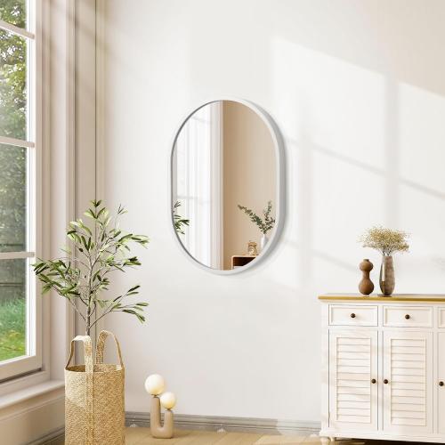 JJUUYOU Oval Bathroom Mirror Wall Mounted Vanity Metal Frame Mirror 16x20 White Aluminum Alloy Frame Mirrors for Bedroom Entryway Living Room