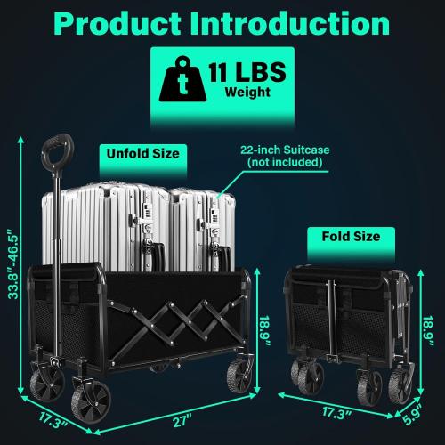 Collapsible Wagon Cart with Wheels Foldable: 360LBS Heavy Duty Folding Utility Wagon - Portable All Terrain Grocery Wagon Cart for Groceries Shopping Outdoor Camping Fishing Sports