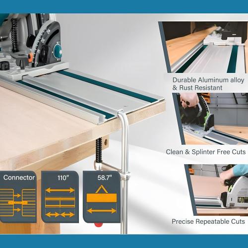 110 Track Saw Guide Rail Joining Set for Makita or Festool Includes 2x55 Extruded Rails, Connectors and Anti Slip Rubber Strips