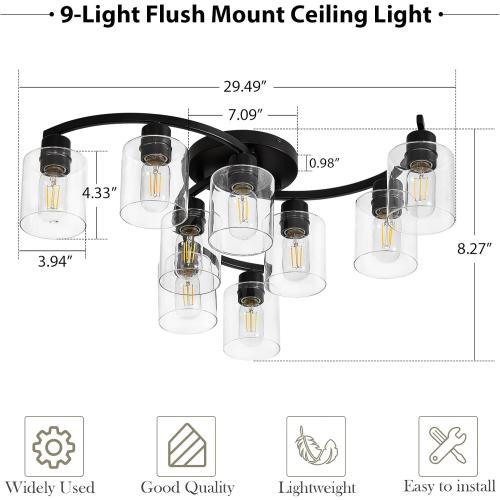 Semi Flush Mount Ceiling Light Fixtures, Black Kitchen Light Fixtures Ceiling Mount, 9 Light Industrial Ceiling Lights with Clear Glass Shade for Bedroom Hallway Living Room