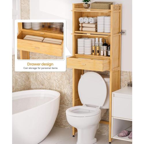 Over The Toilet Storage Cabinet with Drawer and Flip Door, Bamboo Bathroom Organizer Shelf with Anti-Tip Design and Waterproof Feet Pad,Freestanding Rack Above WC Space Saver (Natural)
