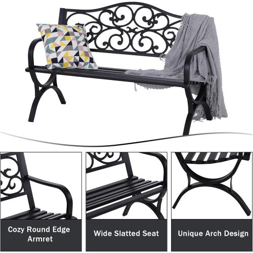 MFSTUDIO 50 Inches Outdoor Garden Bench, Cast Iron Metal Frame Patio Park Bench with Floral Pattern Backrest, Arch Legs for Porch Lawn Garden Yard(Black)