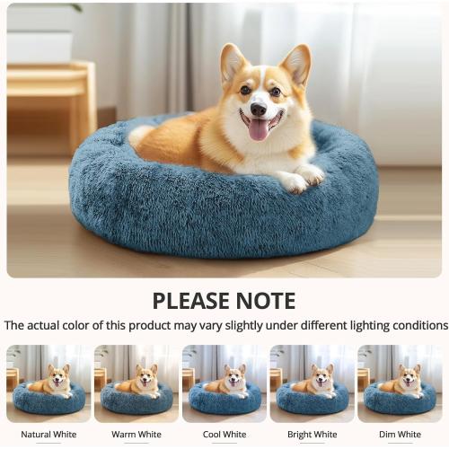 JOLLYVOGUE Calming Small Dog & Cat Bed for Indoor Cats - 20 inches Washable Donut Bed for Kittens & Puppies, Anti-Anxiety Round Fluffy Plush Pet Beds (Fits up to 15 lbs, Blue)