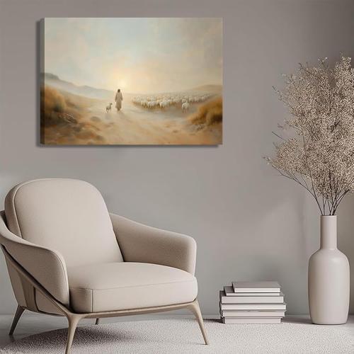 Jesus Leaves the 99 Wall Art Jesus Sheep pictures Wall Decor The Lost Lamb Poster Print Christian Landscape Painting Artwork for Gallery Church Home Decoration 24x16in Canvas
