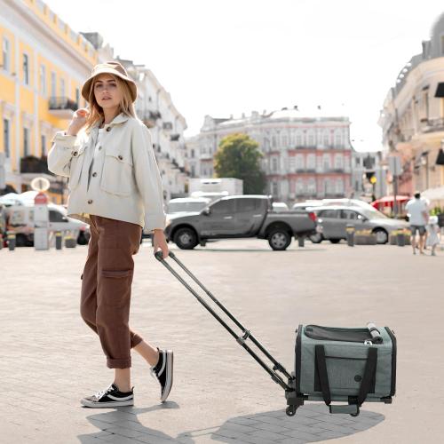 YUDODO 25lbs Large Cat Carrier with Wheels Lightproof Airline Approved Dog Carrier for Small Dog Detachable Rolling Pet Carrier for Traveling Groomers Vet Visits(Gray-Green)