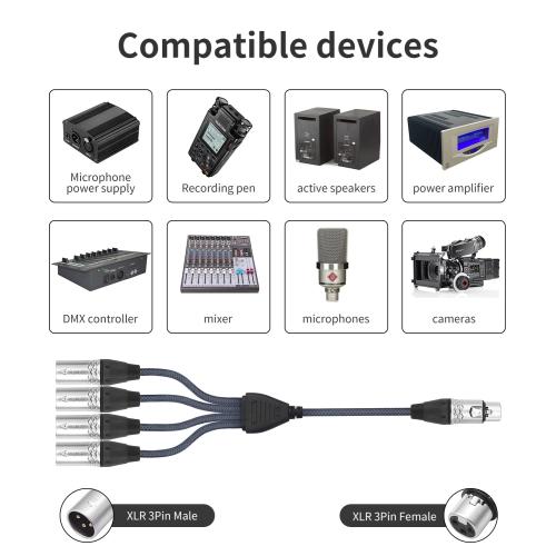 2Feet 3Pin XLR 1 Female to 4 Male Y Splitter Audio Cable,4Way-1 XLR Single Input to Four Output Parallel Connection Cable for Microphone, Audio Player, Power Amplifier, Mixing Console DMX