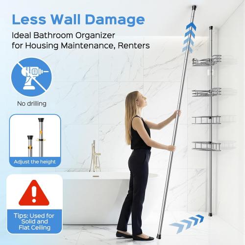 HAMITOR Corner Shower Caddy Tension Pole, Space-saving Bathtub Shelves | Adjustable No-Drill 47-123 In Rod, Large Capacity Bathroom Rack, Toiletries Storage, Home Restroom Organizer, Silver Gray