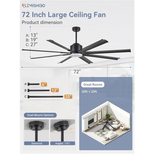 ZMISHIBO 72 inch Aluminium Blade Ceiling Fans with Lights and Remote, Outdoor Ceiling Fans for Patio Living Room with Quiet DC Motor, 6 Speed Reversible, 3 CCT, Black Industrial Ceiling Fan, 8 Blades
