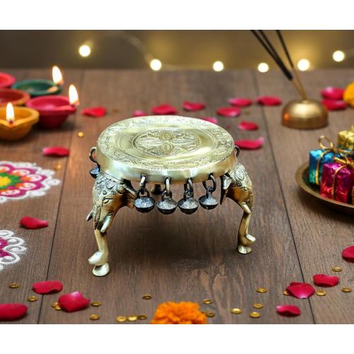eSplanade Brass Round Mandir Chowki | Elephant Pillars Pooja God Stool with Ghungroo