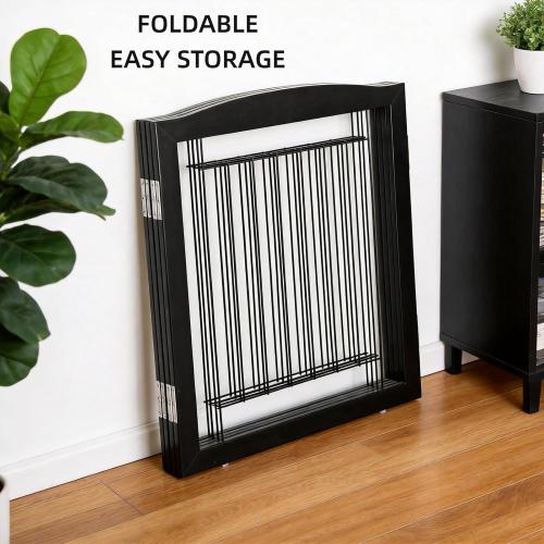 ZJSF Freestanding Dog Fence Indoor, Foldable Dog Gate for Doorways, Stairs or Hallways, Sturdy Wood Extra Wide Pet Gate with Support Feet for The House, Black, 32 Height-3 Panels