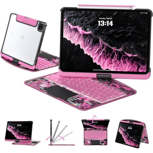 Transparent Case with Keyboard for iPad Air 13 Inch (M3/M2, 2025/2024), iPad Pro 12.9 Inch (6/5/4/3 Gen),7-Color Backlit,Magic Wireless Keyboard, 360°Rotating,with trackpad,Pencil Holder,Pink