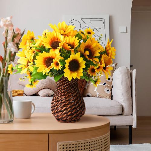 Homsunny Sunflowers Artificial Flowers Plants for Table Centerpieces Spring Decorations, 7 Pcs Fake Silk Floral Arrangements in Vase for Home Dinning Room Office Tabletop Decor(Handmade Red Rattan)