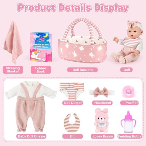 Dreamon 12'' Baby Doll Playset with Carrier Bassinet Bed, 11PCS Baby Doll Accessories Includes Pacifier, Blanket, Pillow, Diaper, Pretend Play Set Baby Doll Care Toys Gifts for Kids Girls
