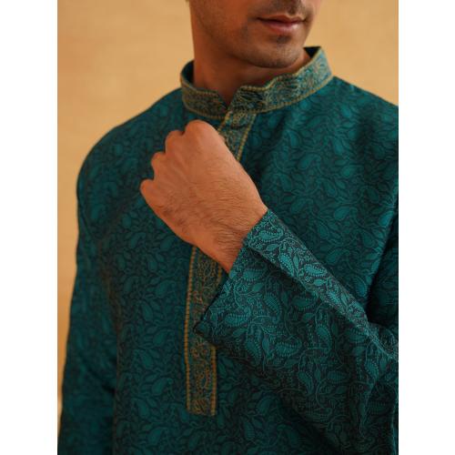 Size Large 40 ojanya (Since 1958 Men's Red Jacquard Silk Kurta & Churidaar Pyjama