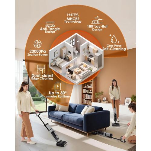 Tineco Floor ONE i5 Stretch Wet Dry Vacuum Cleaner, Vacuum & Mop in One Step, 20kpa Powerful Suction, 180° Lay-Flat Design, Anti-Tangle Design, Dual-Sided Edge Cleaning, Up to 30* Minutes Runtime