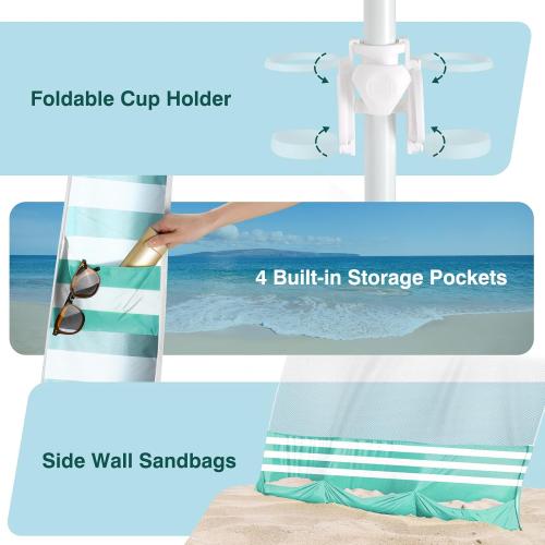 Rhino Valley Beach Cabana, 8 * 8FT Beach Tent UPF50  Protection, Easy Setup Beach Canopy Wind Resistant with Cup Holder, Compact Beach Shade Foldable Beach Tent Sun Shelter, Green White