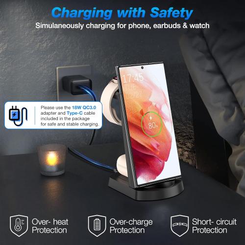 Wireless Charging Station for Samsung/Android, Fast Wireless Watch Charger Station Compatible for Samsung Galaxy S25 Ultra/S24/S23 /Z Flip 6/5 Fold 6/5, Watch7/6/Pro/Active 2 Galaxy Buds3/2 Pro(Dark)