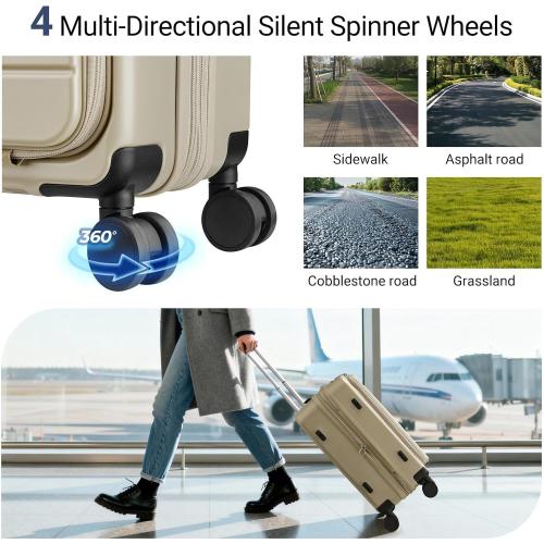 Carry On Luggage with Top Opening, Expandable with Front Pocket and USB Charging Port, Lightweight with Front Compartment Rolling Suitcases with Spinner Wheels (Khaki, 20 Inch)