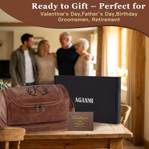 Laser-Engraved Initial Mens Toiletry Travel Bag, Corporate Gifts for Clients Boss Colleague Employee Appreciation Gifts Birthday Party Favor Waterproof Shaving Bag for Men (Reddish Brown S)