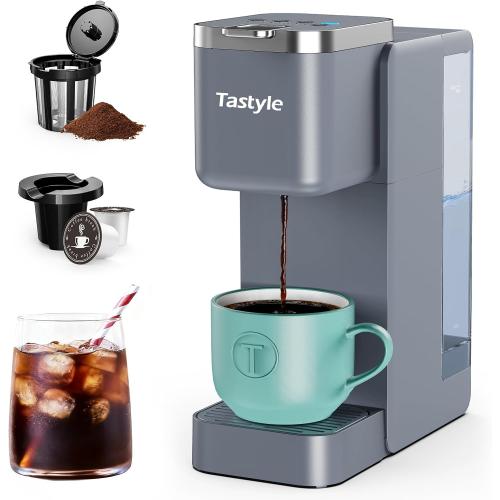Single Serve Coffee Maker, Iced and Hot Coffee Machine for K Cup & Grounds, Compact Design, 40oz Removable Water Reservoir, 6 to 24 Oz Brew Sizes, Fits 7.3 Travel Mug, Gray