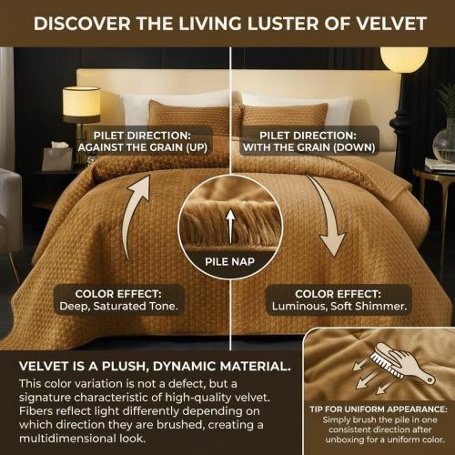 Powdion Luxury Velvet Quilt King Size, Lightweight 3PCS King Quilt Bedding Set with 2 Pillow Shams 20x26, Oversized Queen Bedspread, All-Season Ultra-Soft Comforter for Bedroom Home Decor Caramel Gold