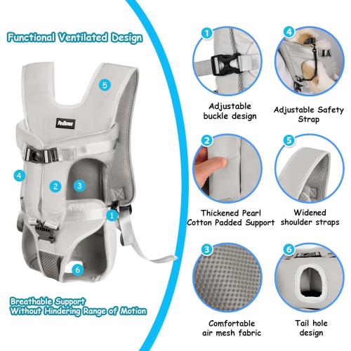 PetBonus Pet Front Dog Carrier Backpacks, Adjustable Pet Backpack, Legs Out Easy-fit Puppy Chest Carrier for Medium Small Dogs, Hands Free for Hiking, Cycling (Grey, M)