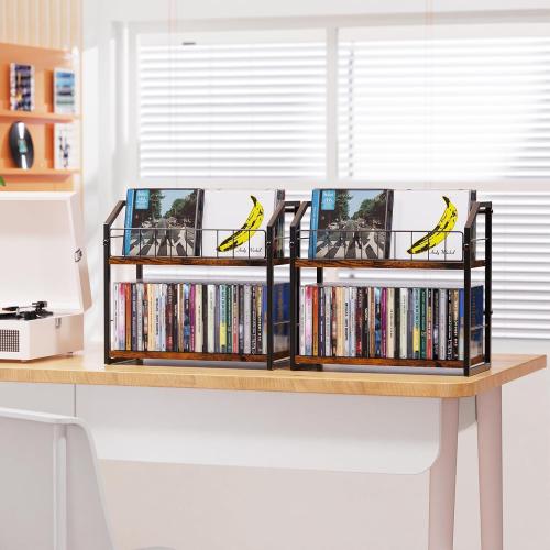 2-Tier CD Holder 2 PCS, CD Storage Shelf for Display, CD Organizer with Dispay Top Shelf, Premium CD Rack for Home, Holds Up to 120 standard, Ideal for Music Enthusiasts (Brown 2PCS)