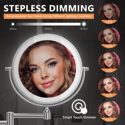 Auxmir 1X/30X Wall Mounted Makeup Mirror with Light, 8 Rechargeable Double-Sided Magnifying Mirror, Vanity Mirror Dimmable 3 Color Light, 360° Extension Rotation Foldable 14.5 Inch Arm, Chrome