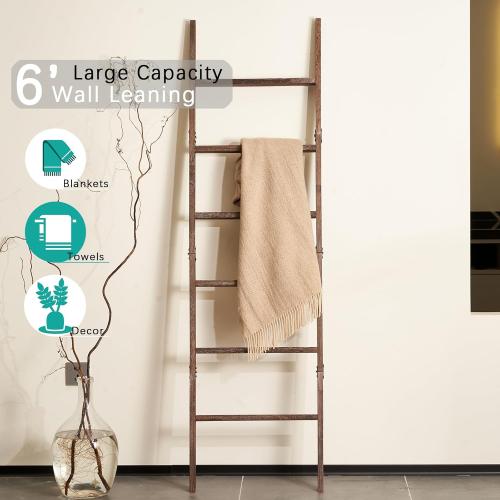 Blanket Ladder for The Living Room 6-Tier, Wooden Decorative Quilt Holder for Bed Room, Wall-Leaning Wood Towel Rack for Bathroom，Rustic Farmhouse Ladders for Display. (Washed Brown)