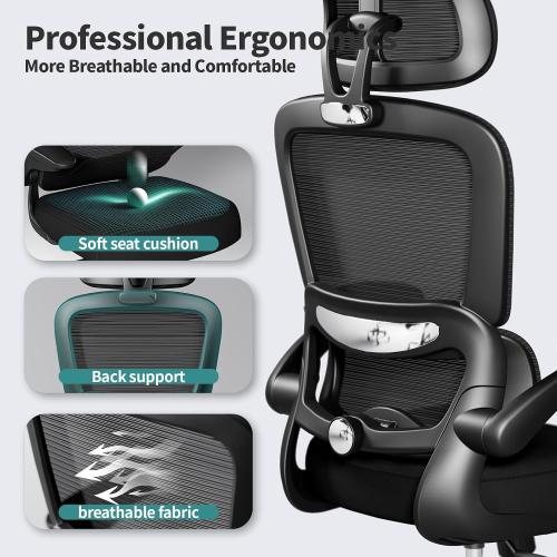 TRALT Office Chair Ergonomic Desk Chair - Gaming Chair with Lumbar Support | 330 LBS Home Office Desk Chairs with Headrest, Reading Chair with Flip-up Armrests, Comfortable Computer Chairs (1, Black)