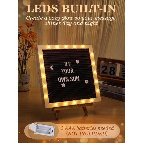 Changeable Felt Letter Board with LED Lights - 10×10 Message Custom Signs & Wood Stand& 450 Letters, Poster Board for Baby/Pregnancy Announcement/Classroom Wall Decor Gifts First Day of School, Black