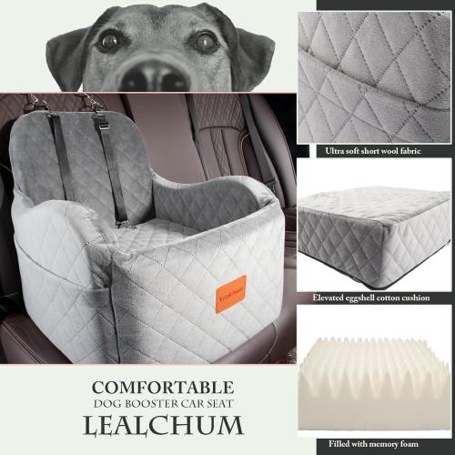 Lealchum Dog Booster Car Seat for Small/Medium Dogs Up to 35lbs,Ultra Soft Fabric Covered,6in Elevated Cushion,Fully Detachable and Washable,3 Straps & 2 Pockets,Easy to Install(Grey,Medium)