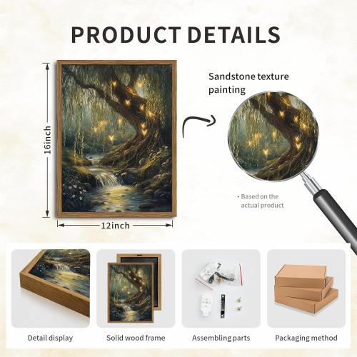 Vintage Forest Fairy Wall Art Whimsical Cottagecore Tree Fairy Wall Decor Painting Magical Landscape 3D Texture Hand Drawn Sandstone Artwork for Bedroom Living Room 12x16 inch Wood Framed