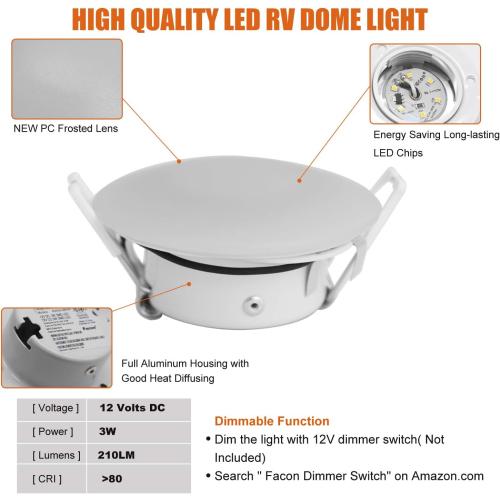 Facon 3 Inch LED RV Puck Light, DLFST3-008, Full Aluminum Recessed Mount Down Light 12V Interior Light for RV Motor-Homes Camper Caravan Trailer Boat, 4000K Cool White (6 Packs)