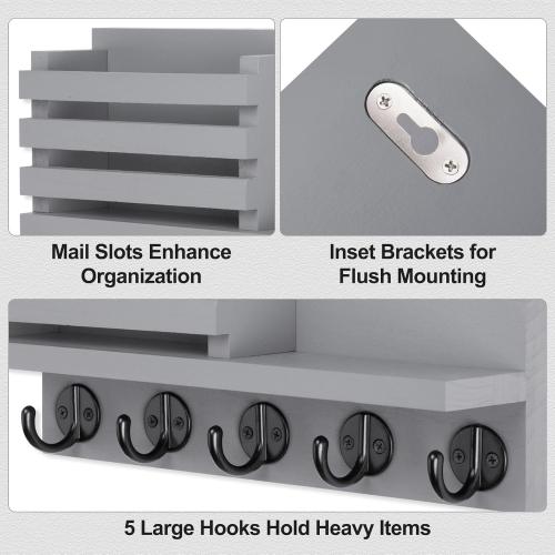 Key Holder for Wall – Decorative Wooden Mail Holder and Key Shelf with Mounting Hardware, Installation Guide – Paulownia Wood with 5 Metal Key Hooks (11.8” x 6.7” x 2.8”)