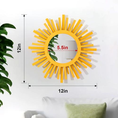 Gold Rising-Sun Mirror Wall Decor with Remote-Control Multicolor Lights,12 inch Boho Wall Decor for Bedroom Living Room Bathroom Kitchen (Gold 12in)