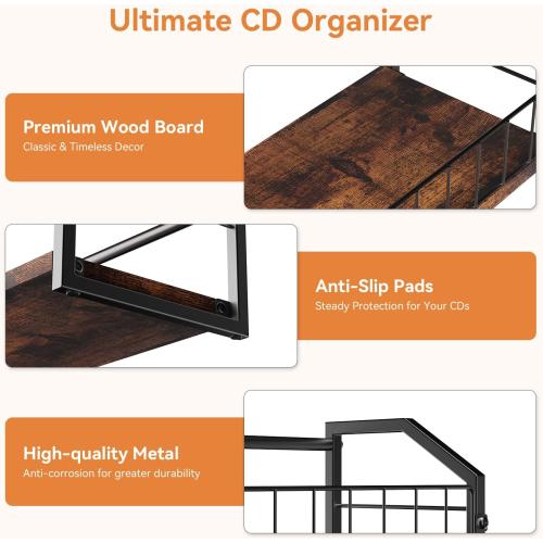 2-Tier CD Holder 2 PCS, CD Storage Shelf for Display, CD Organizer with Dispay Top Shelf, Premium CD Rack for Home, Holds Up to 120 standard, Ideal for Music Enthusiasts (Brown 2PCS)