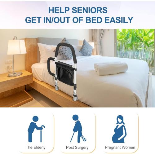 Bed Rails for Elderly Adults Safety with Storage Pocket, Assist Rail with Dual Grab Bars for Easily Getting in & Out of Bed, Bed Rail Fits King, Queen, Full, Twin Bed,Support Up to 300lbs