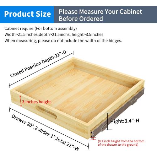 Wooden Pull Out Cabinet Organizer, 1PC 21” W x 21” D Soft Close Slide Out Wood Drawer Storage Shelves for Kitchen, Base Cabinet Organization for Pantry, Finished, Heavy-Duty, Bottom Assembly