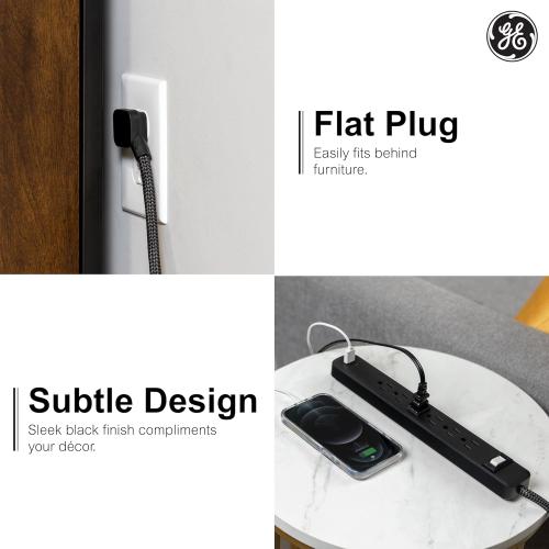 GE 6-Outlet Power Strip with USB, 1 USB-A, 1 USB-C, Outlet Extender, 6 Ft Braided Extension Cord, Flat Plug, Charging Station, Black, 82595