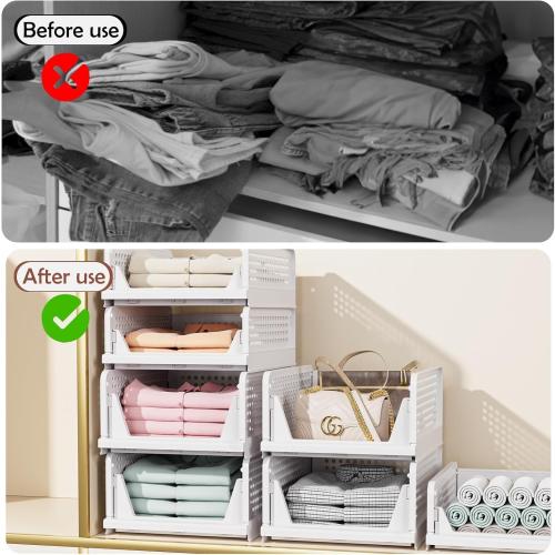 5 Pack Folding Closet Organizers Storage Box, Stackable Storage Bins, Plastic Drawer Basket Closet Storage for Wardrobe Cupboard Kitchen Bathroom Office 5L (White)