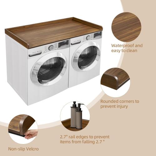 Washer Dryer Countertop, Wood Washer and Dryer Countertop 27.5 x 54 Laundry Room Organization with Metal Hooks & Non-Slip Pads Wood Shelf Topper for Storage Space Saver