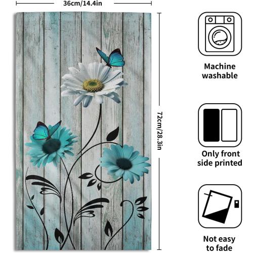 Teal Floral Hand Towels Set of 2 Rustic Daisy Fingertip Towel Soft Absorbent Guest Bath Towel Kitchen Dish Towel for Spa Home Bathroom