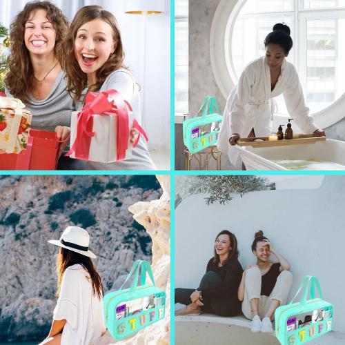 Chenille Letter Clear Makeup Bag Stuff Patch, Travel Toiletry Makeup Bag with Handle, Nylon Waterproof Makeup Bags clear cosmetic bag, preppy patch makeup bag for Women (STUFF-Mint Green)