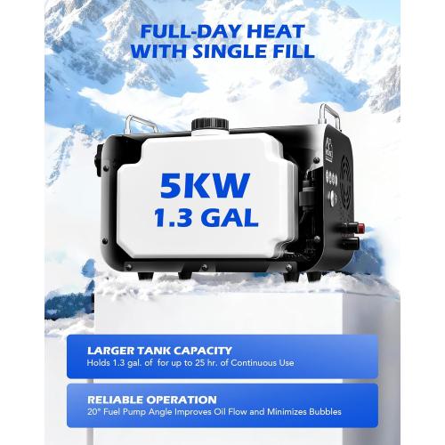 Orion Motor Tech 5kW Diesel Heater, 12V 24V All in One Diesel Air Heater 1.3 Gal Tank with CO Alarm Auto Shutoff Compatible with Car Truck RV Camper Boat （Not an Engine Part）