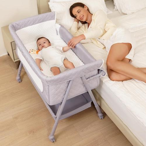 Bassinet Bedside Sleeper, Adjustable Height Baby Bassinet with Wheels, Easy Assemble & Folding Crib with Comfy Mattress, Breathable Mesh Bedside Bassinet for Infant Newborn (Grey)