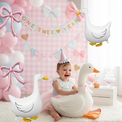 4PCS One Silly Goose Balloons and Pink Bows – White Goose Pinl Bow Foil Balloons for One Silly Goose Birthday Decorations, Coquette Bow Baby Girl Party Decor, Gingham Farm Baby Shower Supplies